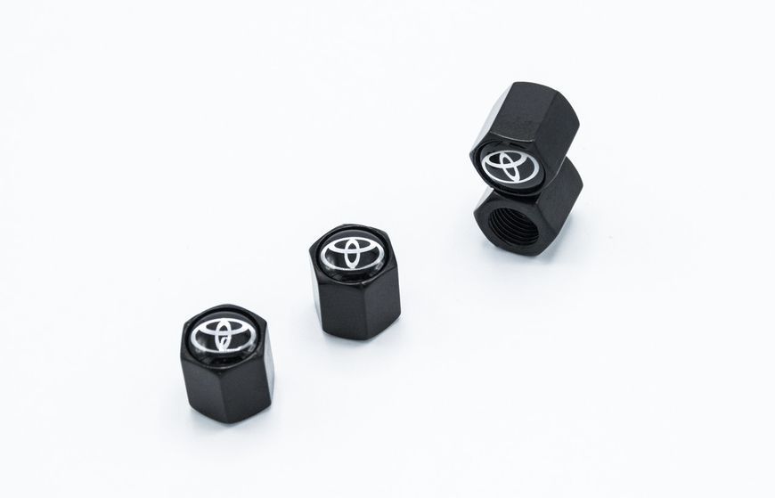 Ковпачки на ніпель, золотник з логотипом TOYOTA, Захисні металеві ЧОРНІ ковпачки для ніпелів автомобільних коліс (4 шт) KOLP_CAP_TOY фото